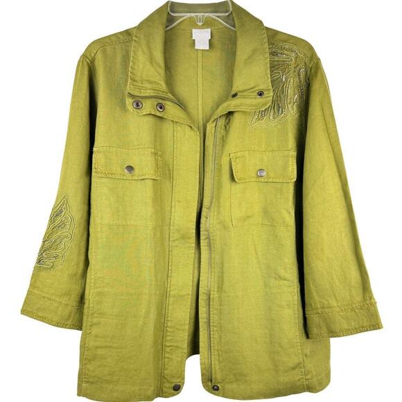 Chico's Jacket Womens 16/18 Olive Green 100% Linen Beaded Zip Front Snap Collar - Picture 2 of 10